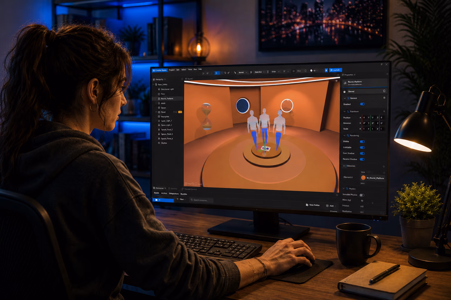 Woman working on 3D modeling software on a large monitor in a dimly lit room.