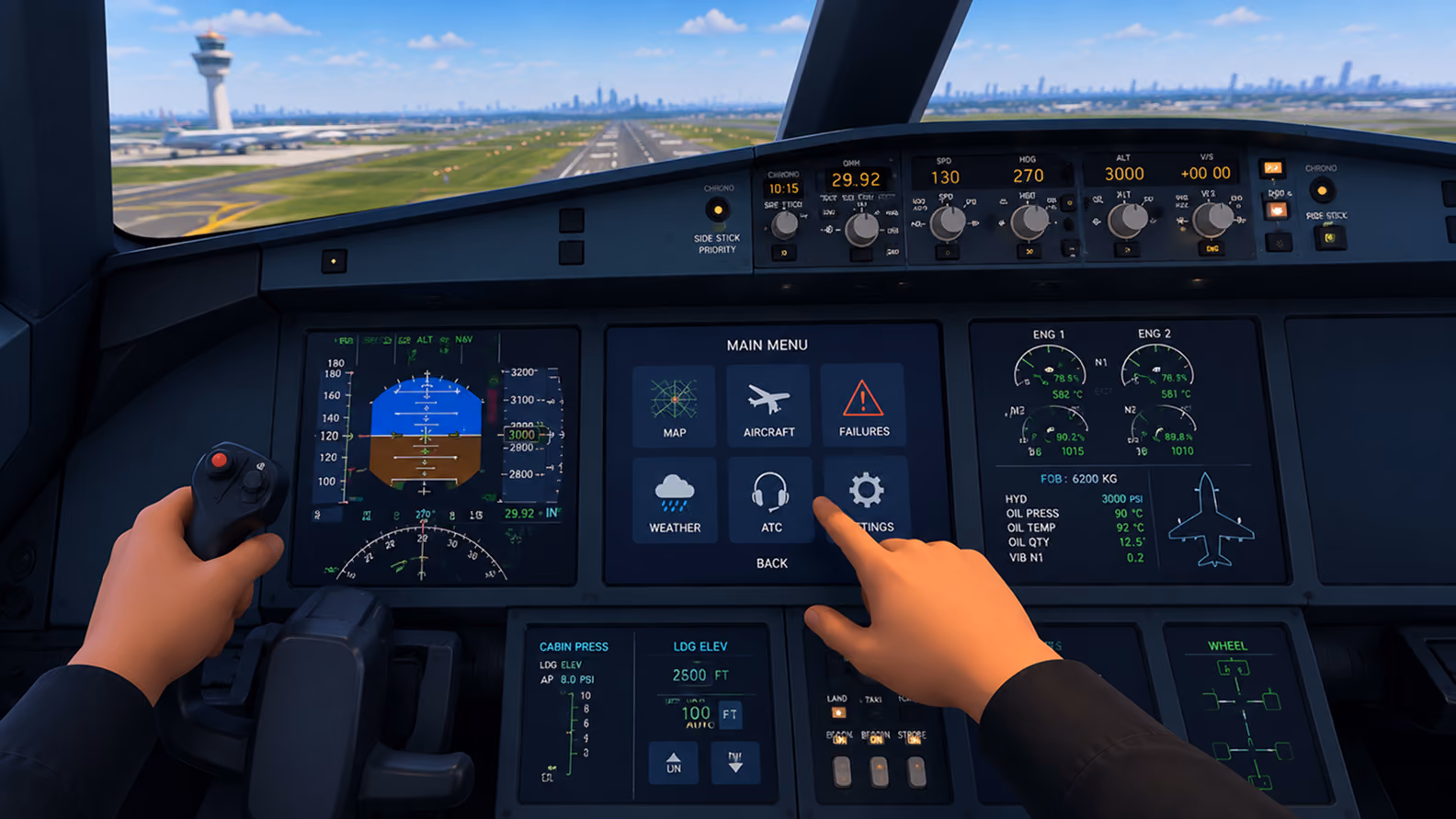 Virtual flight training simulation showing a pilot's hands operating an aircraft cockpit, with runway and airport visible ahead and digital flight controls, navigation displays, engine indicators, and interactive training menus.