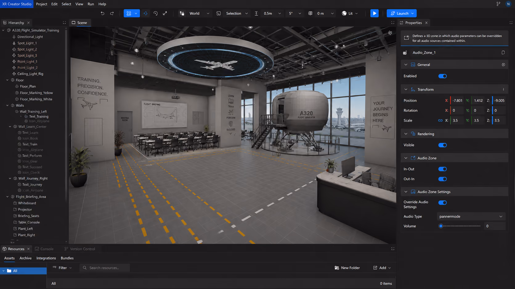 Next Reality Digital XR Creator Studio scene for A320 flight simulator training, showing a virtual training facility with an A320 cockpit simulator, classroom briefing area, workstation, aircraft graphics, and marked training zones