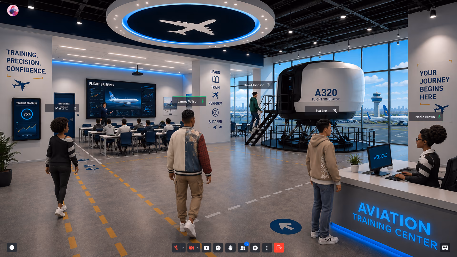 People in an aviation training center with a flight simulator, briefing room, and instructor desk.
