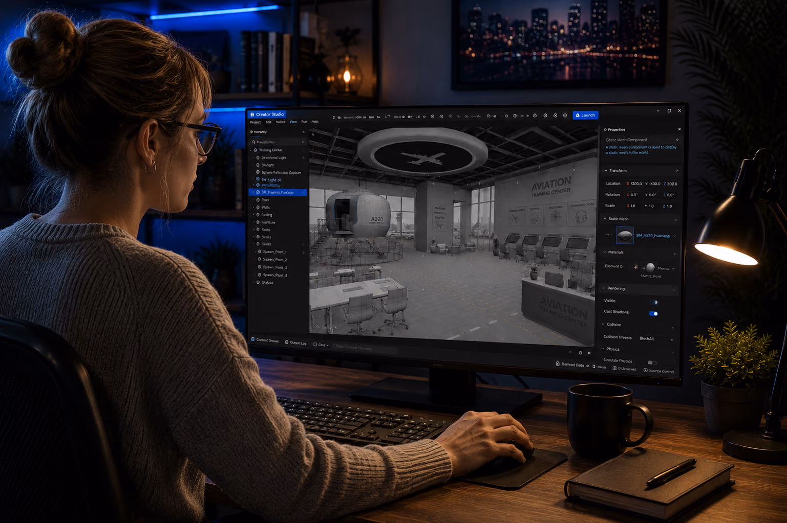 Woman with glasses using mouse and keyboard to 3D model an aviation training center on a large monitor.