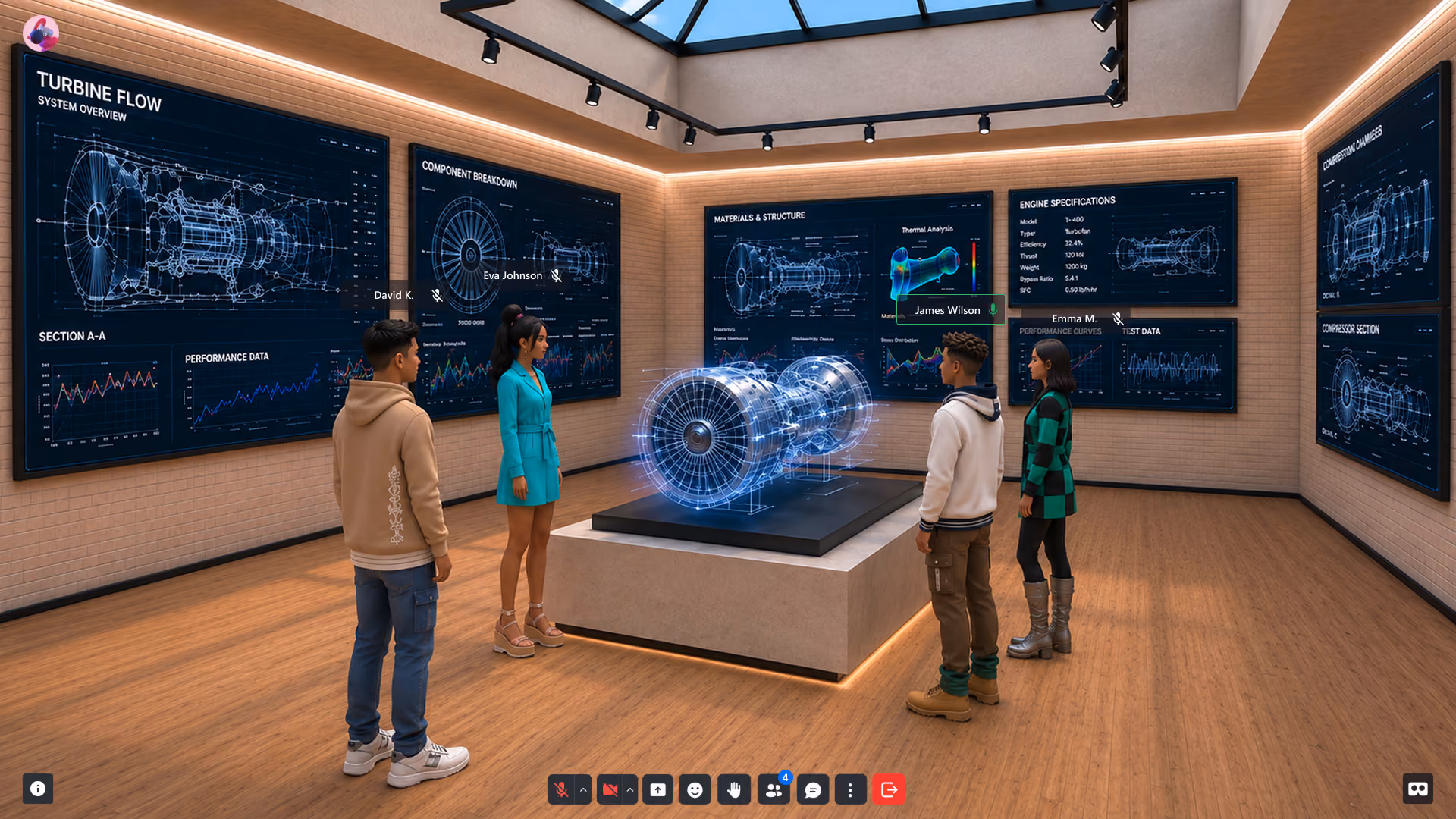 Next Reality Digital virtual R&D environment featuring a detailed 3D turbine engine model, surrounded by interactive displays showing system flow, component breakdowns, materials, engine specifications, performance data, and technical analysis, with four participants exploring the space.
