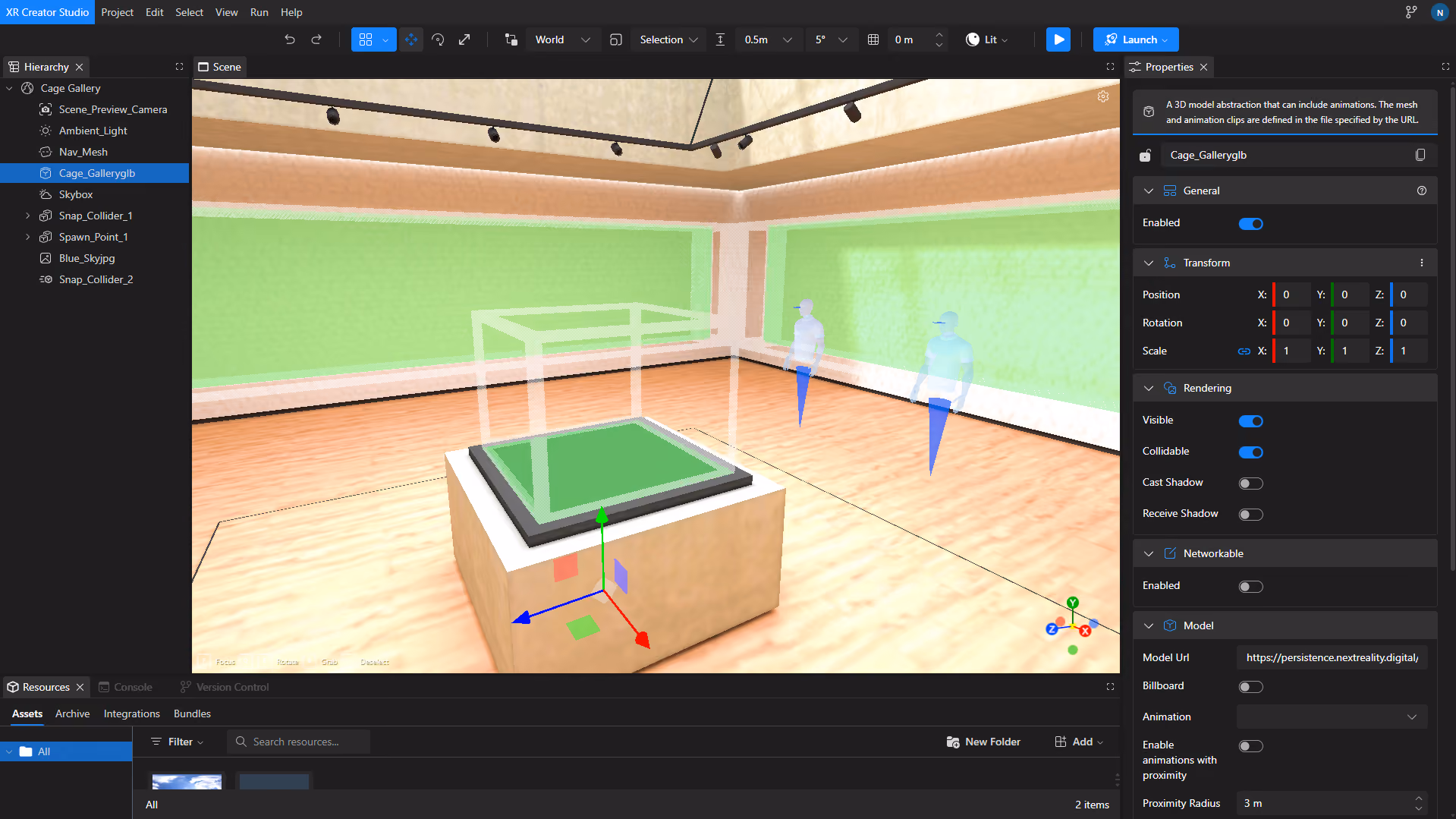 Next Reality Digital XR Creator Studio scene showing a 3D gallery with an interactive display pedestal and two virtual participants.