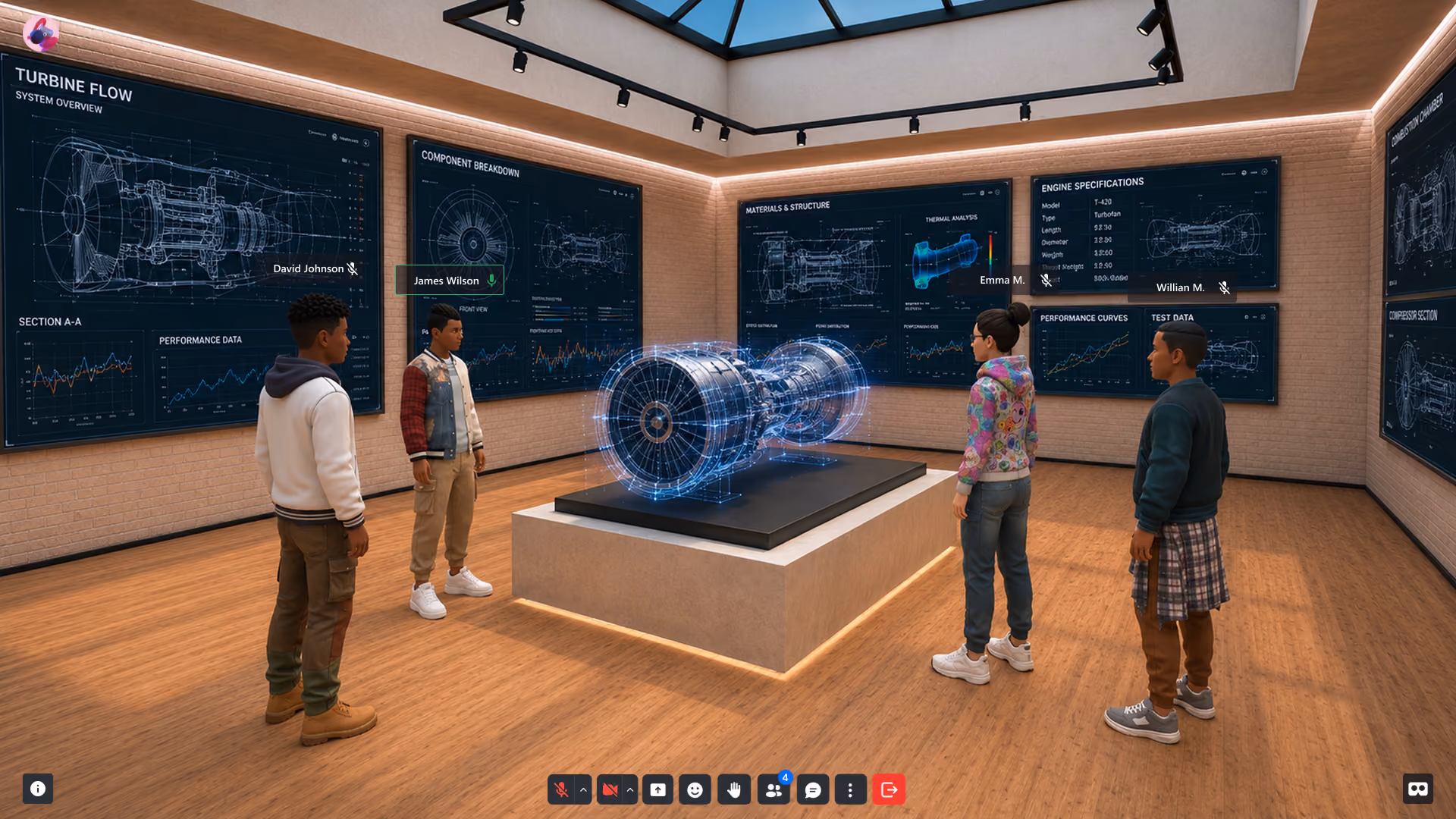 Four people in a tech room observe a holographic jet engine with technical diagrams on walls.