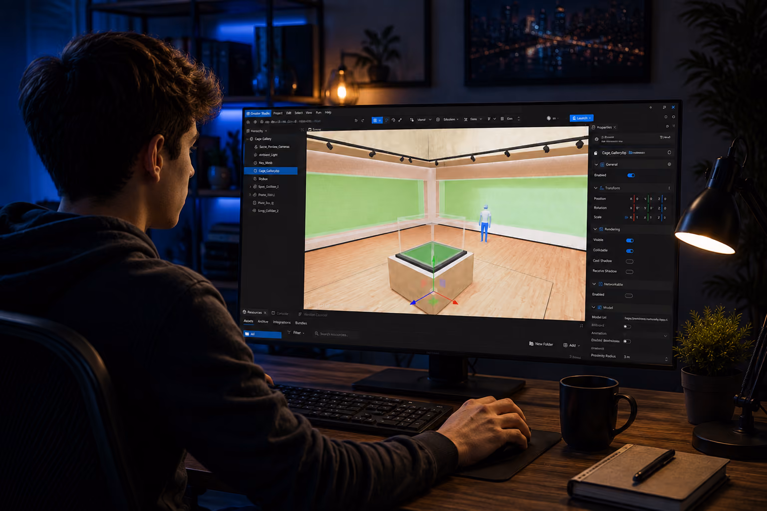 Person working on 3D modeling software showing a gallery room with a statue on a computer screen.