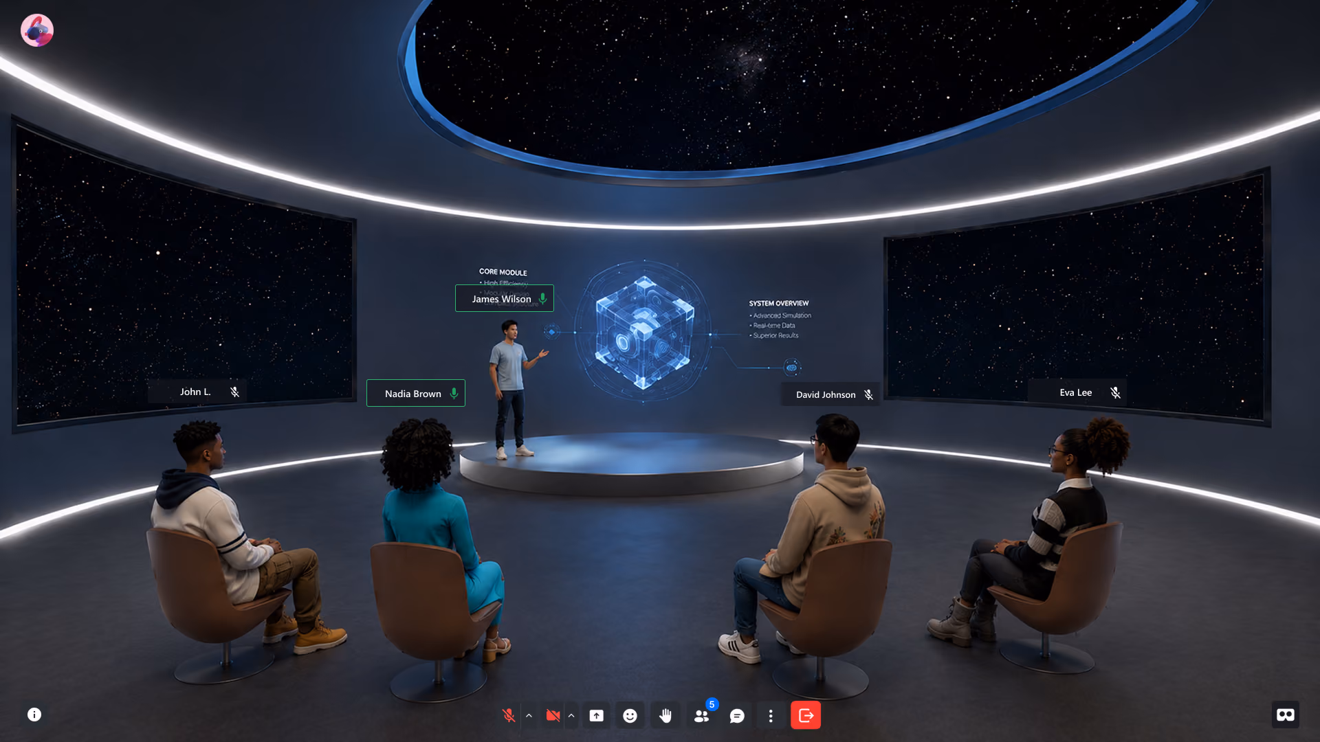 A speaker presents 3D hologram of a cube to a seated audience inside a circular room with starry windows.