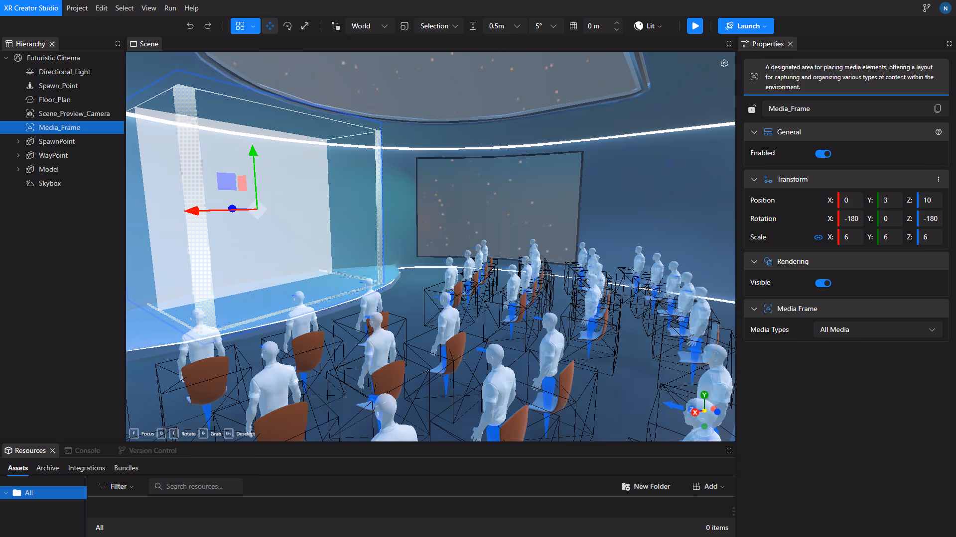 Next Reality Digital XR Creator Studio event space with a presentation screen, media frame, and virtual attendees seated in rows.