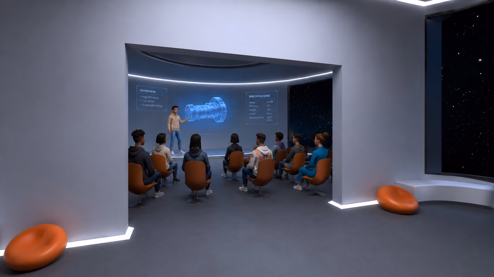 Person presenting 3D hologram of mechanical part to seated audience in futuristic room.