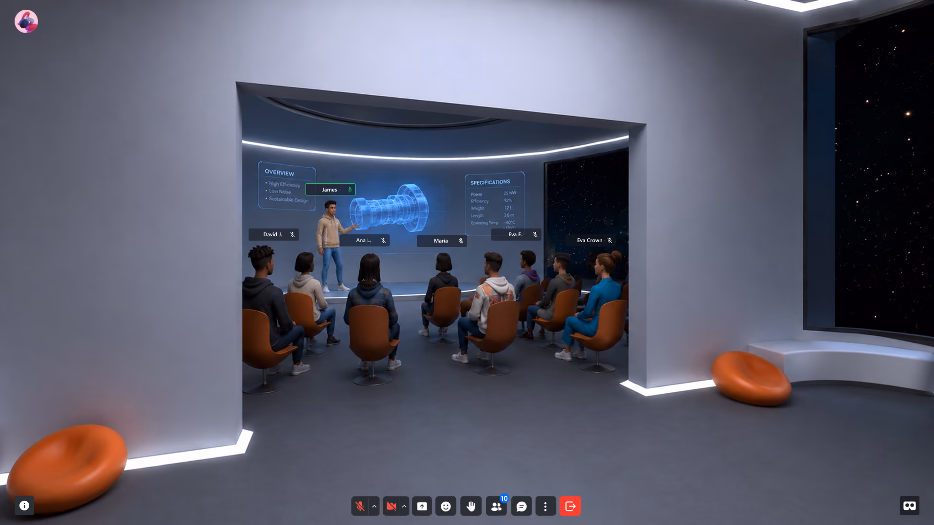 Next Reality Digital virtual event space with an interactive turbine presentation and seated participants viewing the technical display.