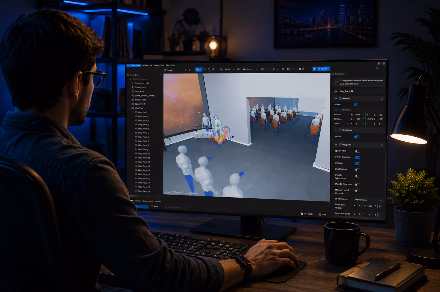 Next Reality Digital XR Creator Studio showing a developer configuring virtual attendees and waypoints for an event space.