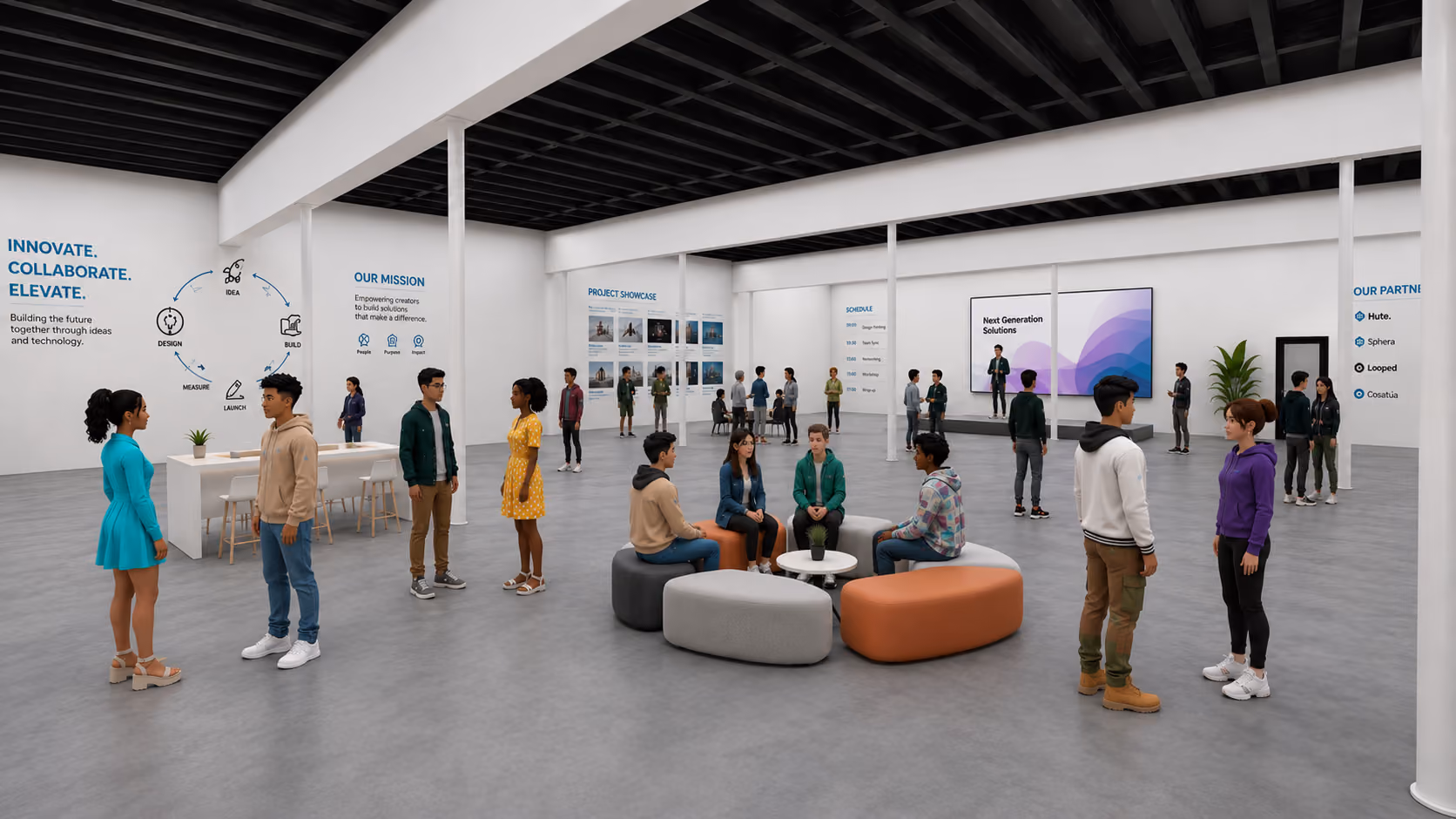 A modern open office space with diverse people talking, sitting, and a speaker on stage presenting.