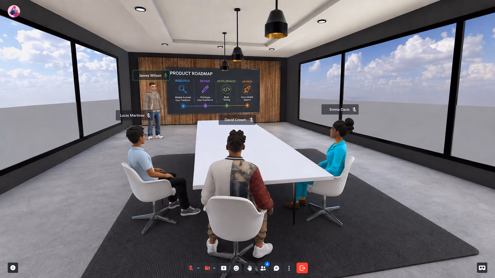 Next Reality Digital virtual meeting room with avatars discussing a product roadmap around a conference table.