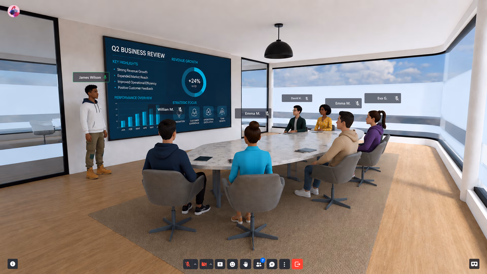 Group in a modern conference room listening to a standing presenter with a digital Q2 business review on screen.