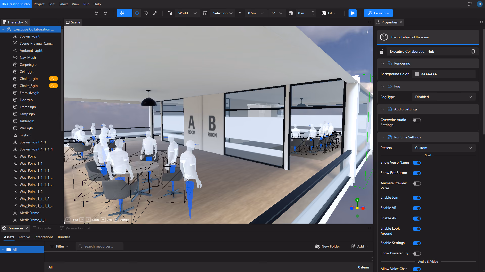 Next Reality Digital XR platform scene in XR Creator Studio showing an executive collaboration hub with virtual meeting rooms, tables, chairs, and avatar placeholders.