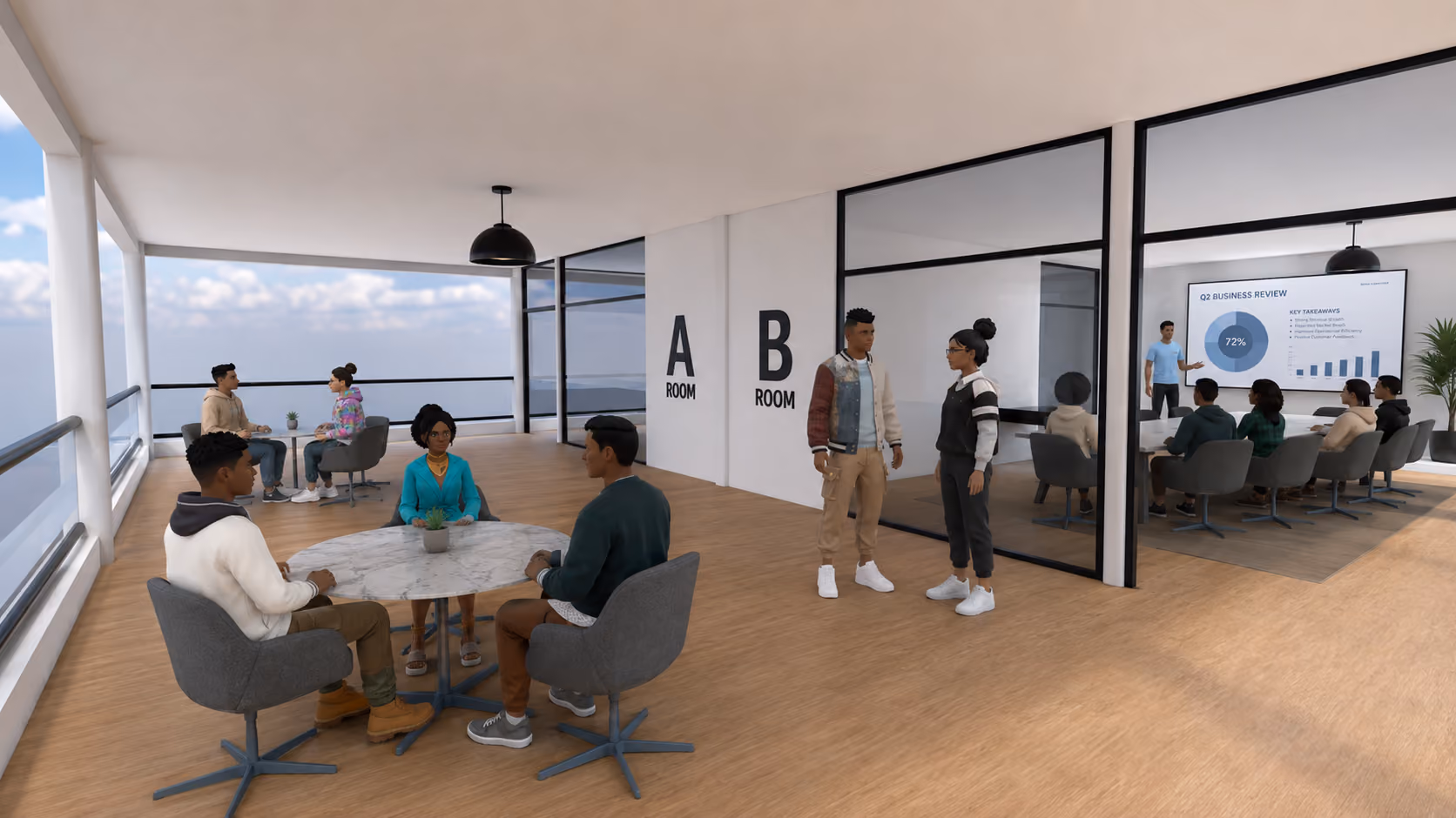 Virtual office space with people sitting at tables and a meeting in progress behind glass walls labeled Room A and Room B.