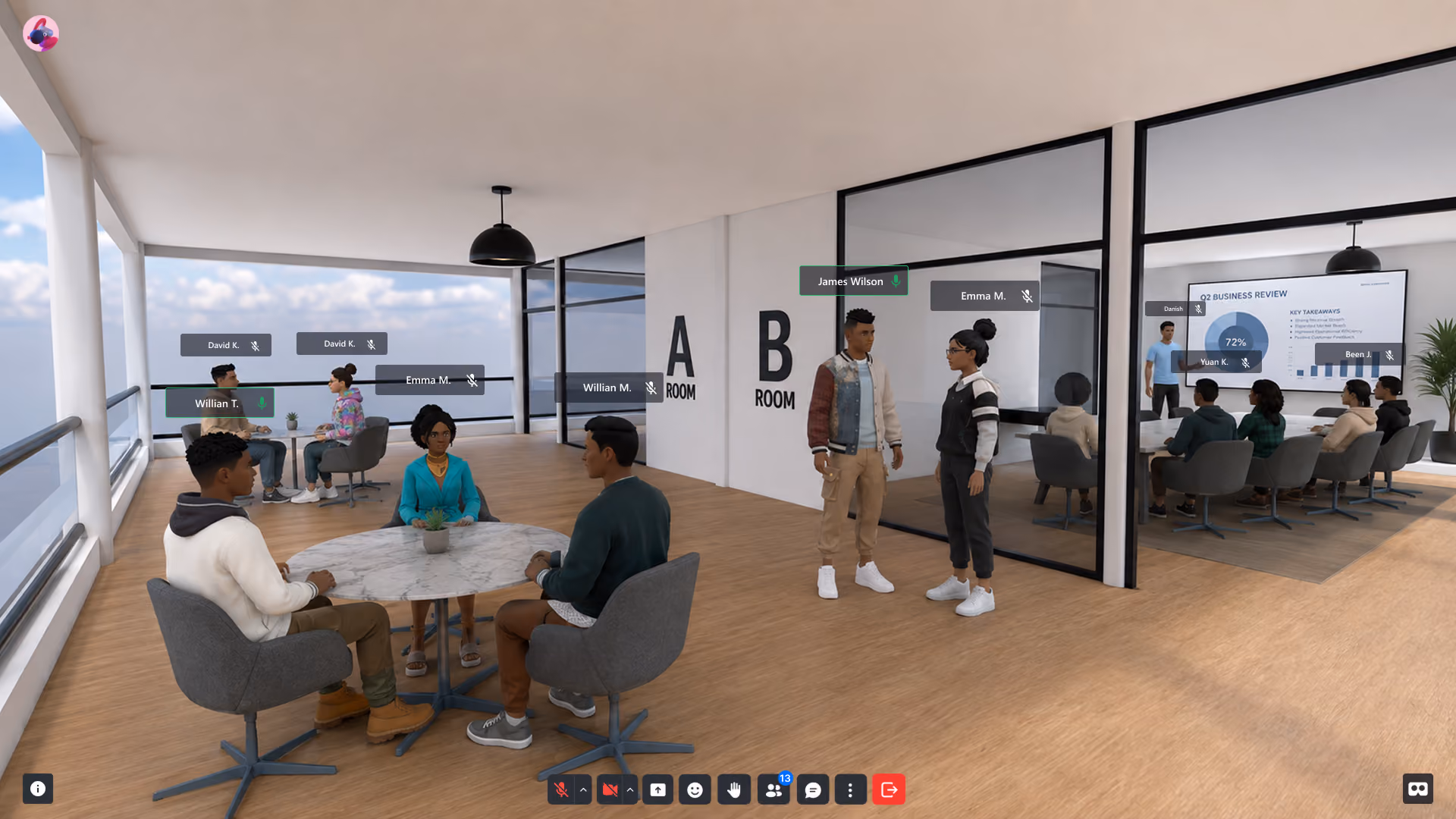 Virtual office space with people sitting at tables and a meeting in progress behind glass walls labeled Room A and Room B.