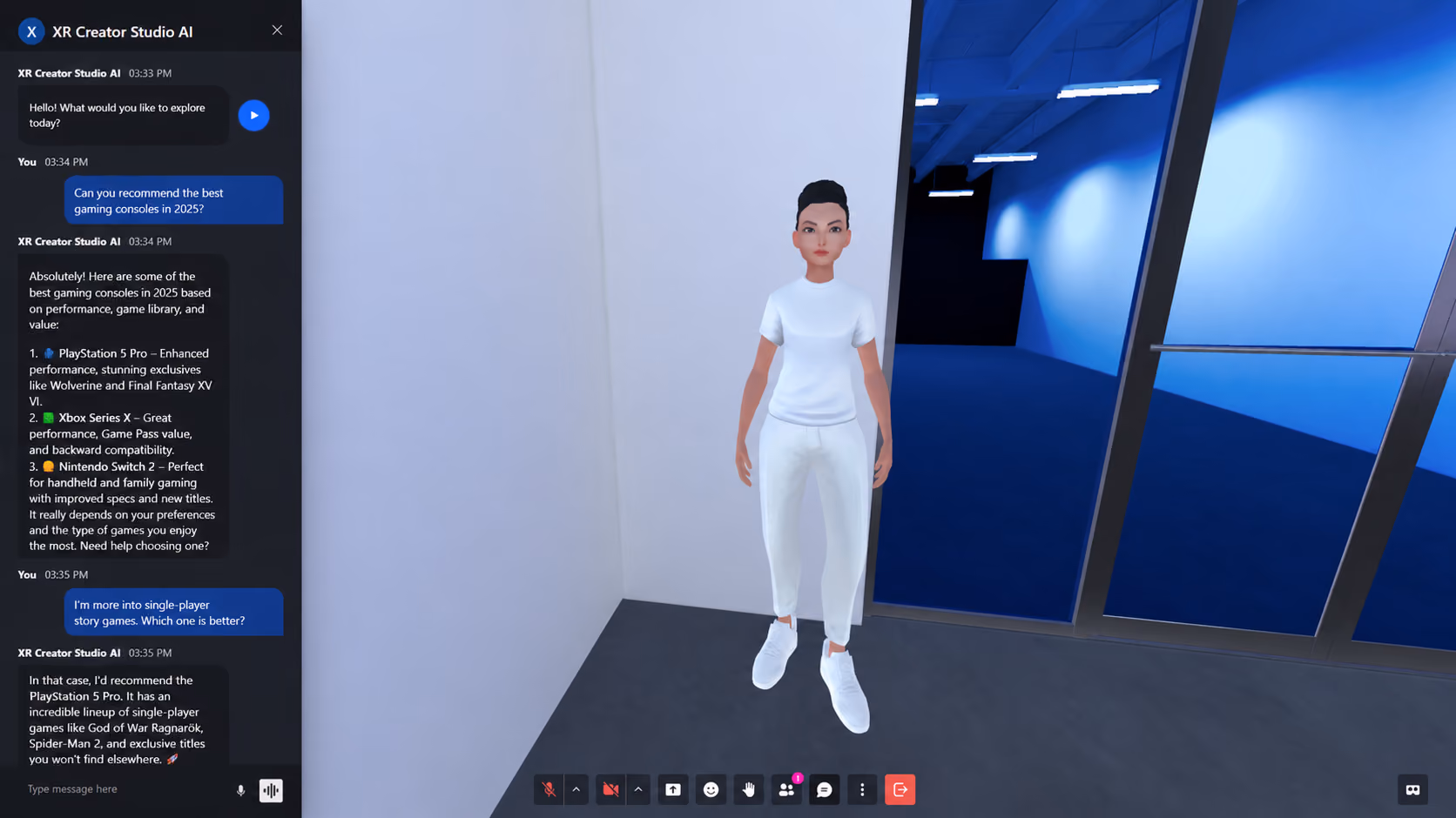 Next Reality Digital XR Creator Studio showing an AI assistant chat recommending gaming consoles while an avatar stands in a virtual environment.