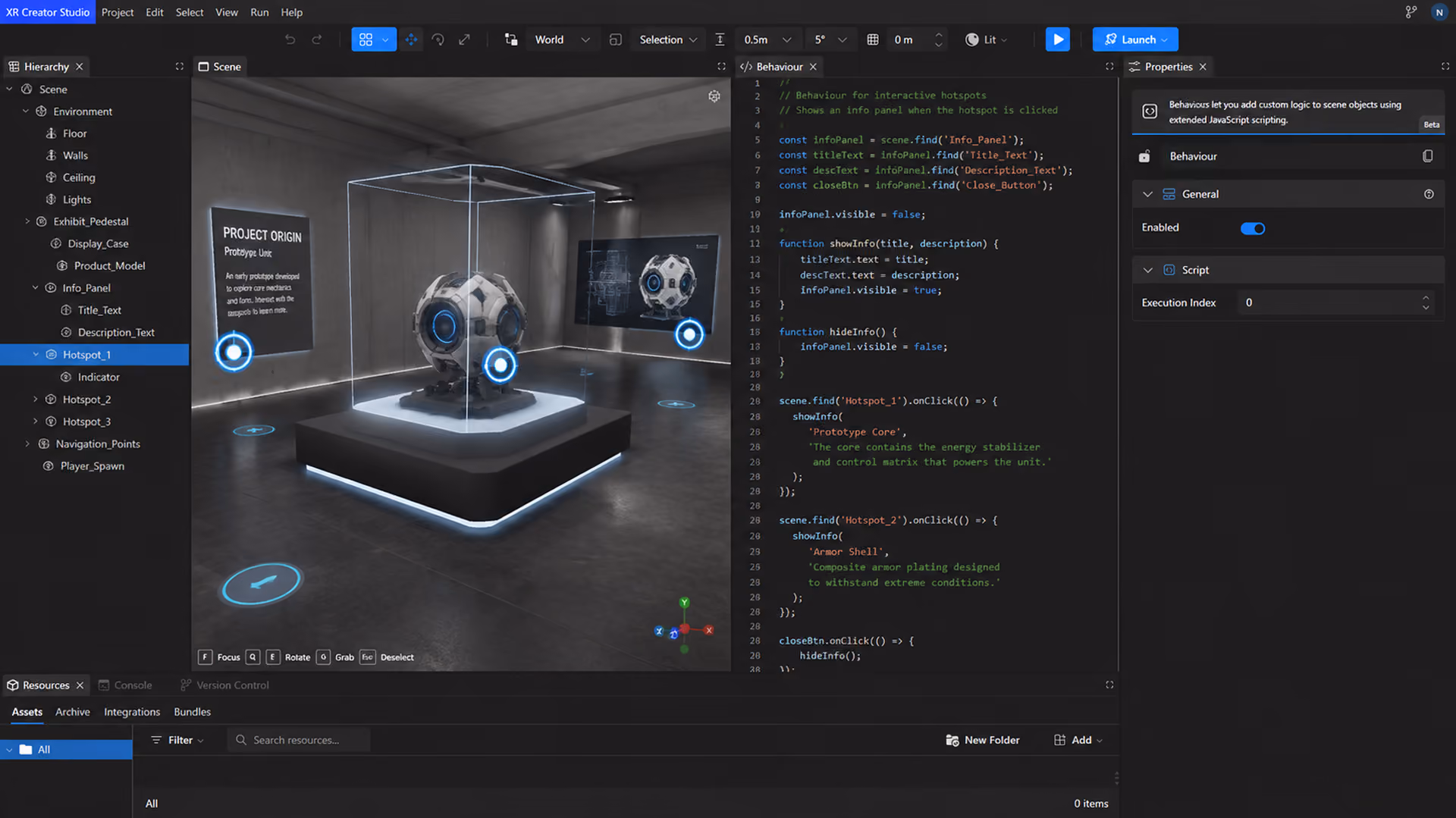 Next Reality Digital XR Creator Studio showing a 3D product exhibition with interactive hotspots and custom JavaScript behavior controls for displaying object information.
