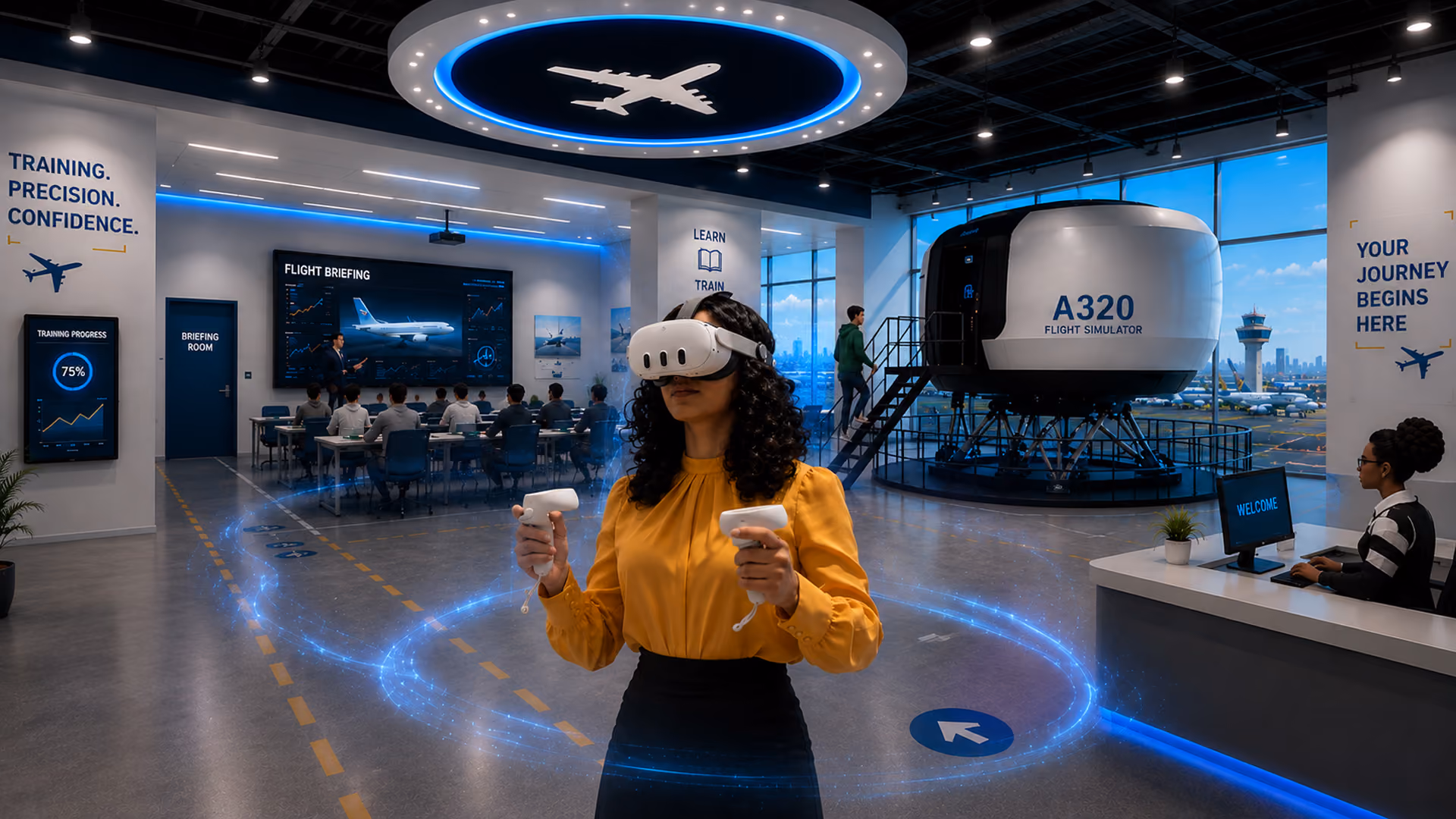 Woman in yellow blouse using VR controllers in an aviation training center with flight simulators and briefing class.
