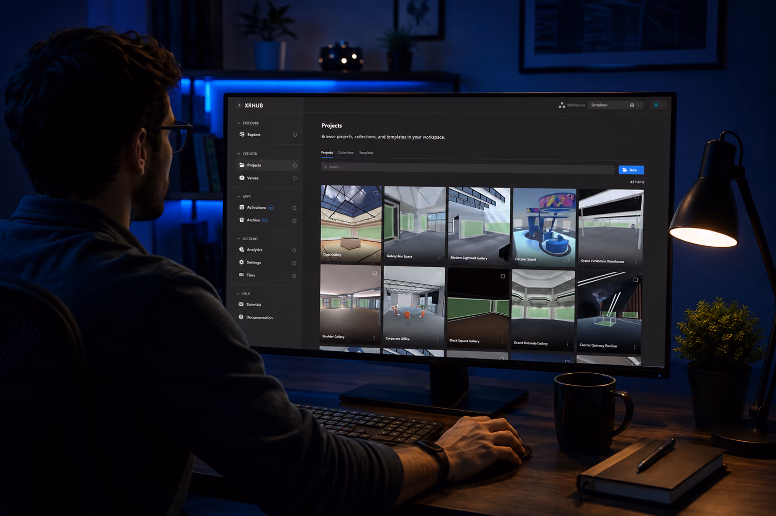 Next Reality Digital XR platform showing the XRHub project dashboard with a library of virtual spaces, galleries, offices, and exhibition templates.