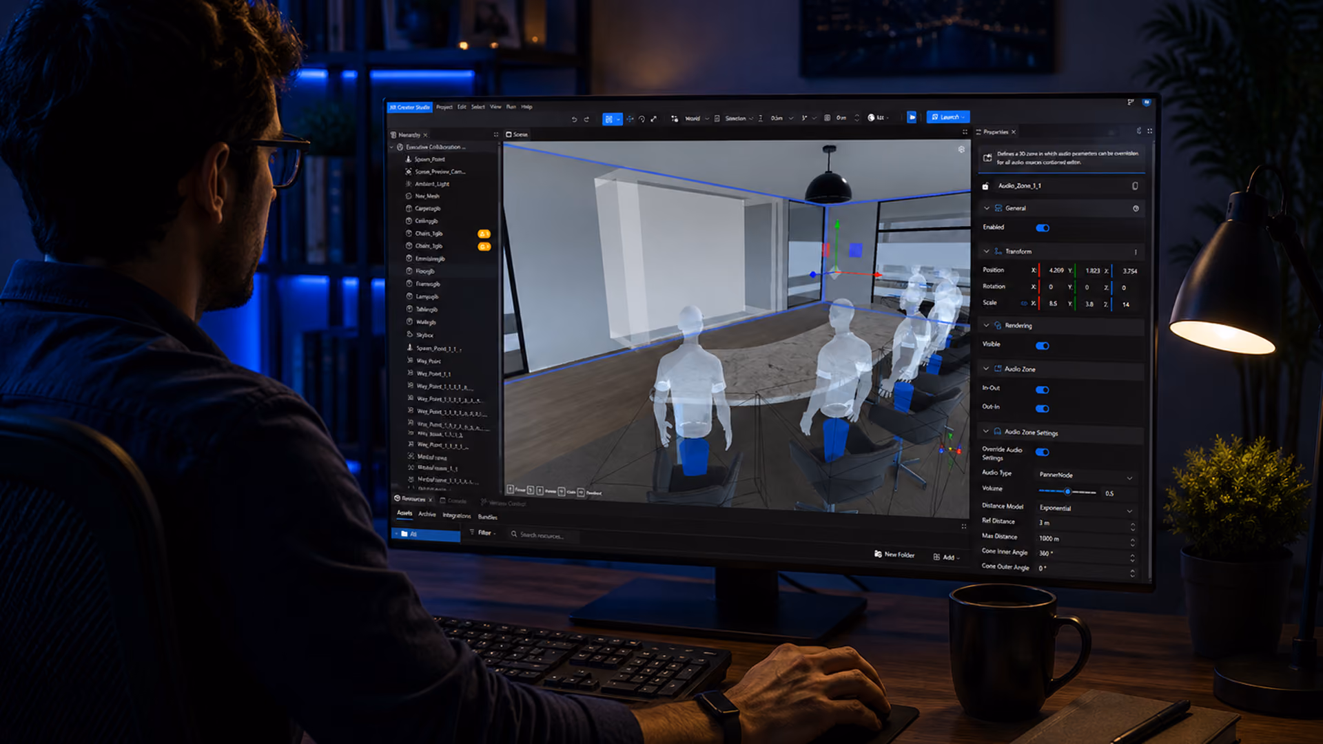 Next Reality Digital XR Creator Studio showing an executive collaboration scene in the editor, with virtual participants seated around a conference table and the Audio Zone properties panel open on the right.
