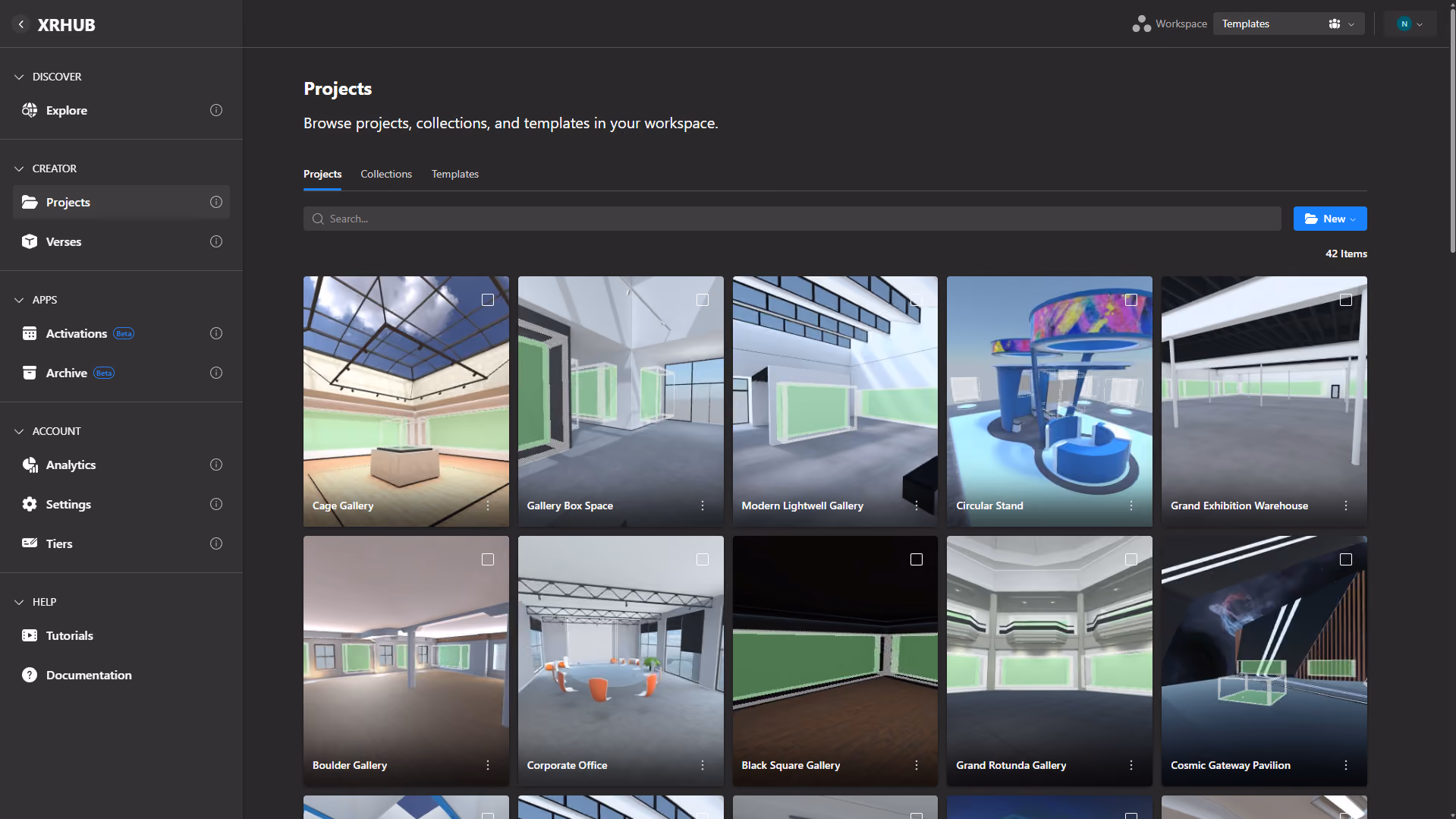 XRHub Projects dashboard displaying a grid of virtual environment templates, including Cage Gallery, Gallery Box Space, Modern Lightwell Gallery, Circular Stand, Grand Exhibition Warehouse, and other 3D spaces.