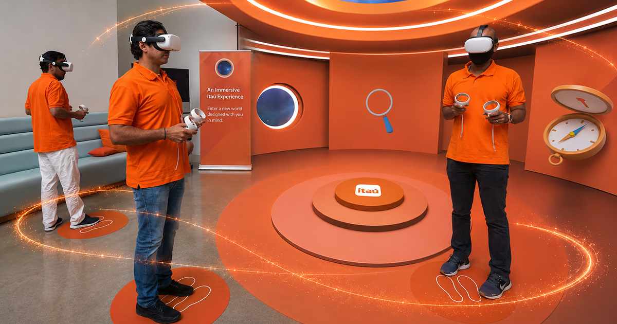 Next Reality Digital immersive Itaú experience, showing participants using VR headsets and controllers inside an interactive branded virtual reality environment.