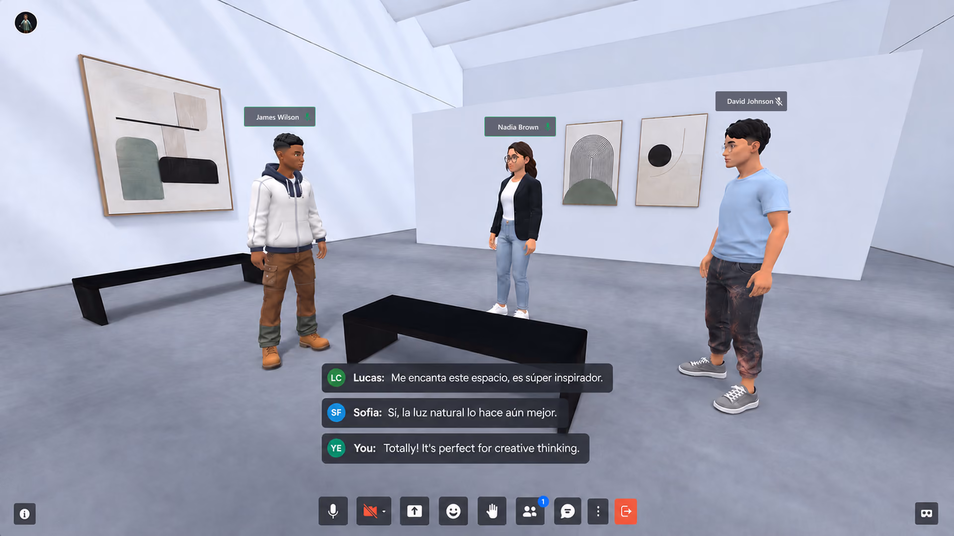 Next Reality Digital virtual gallery showing three avatars viewing contemporary artwork in a bright exhibition space, with live chat messages displayed at the bottom of the scene.