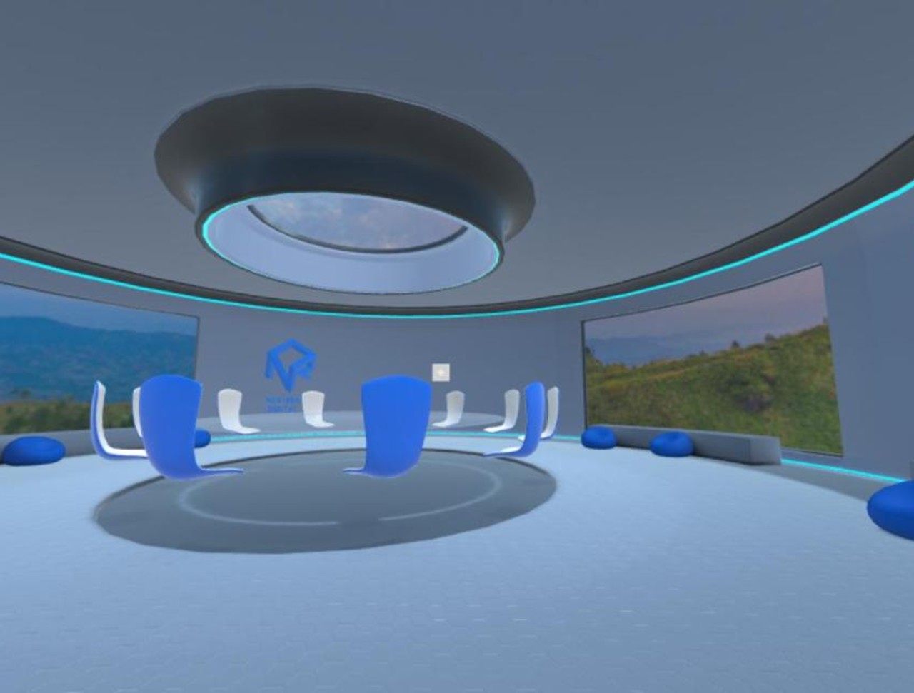3D virtual event venue with avatars gathered around a stage and sponsor booths