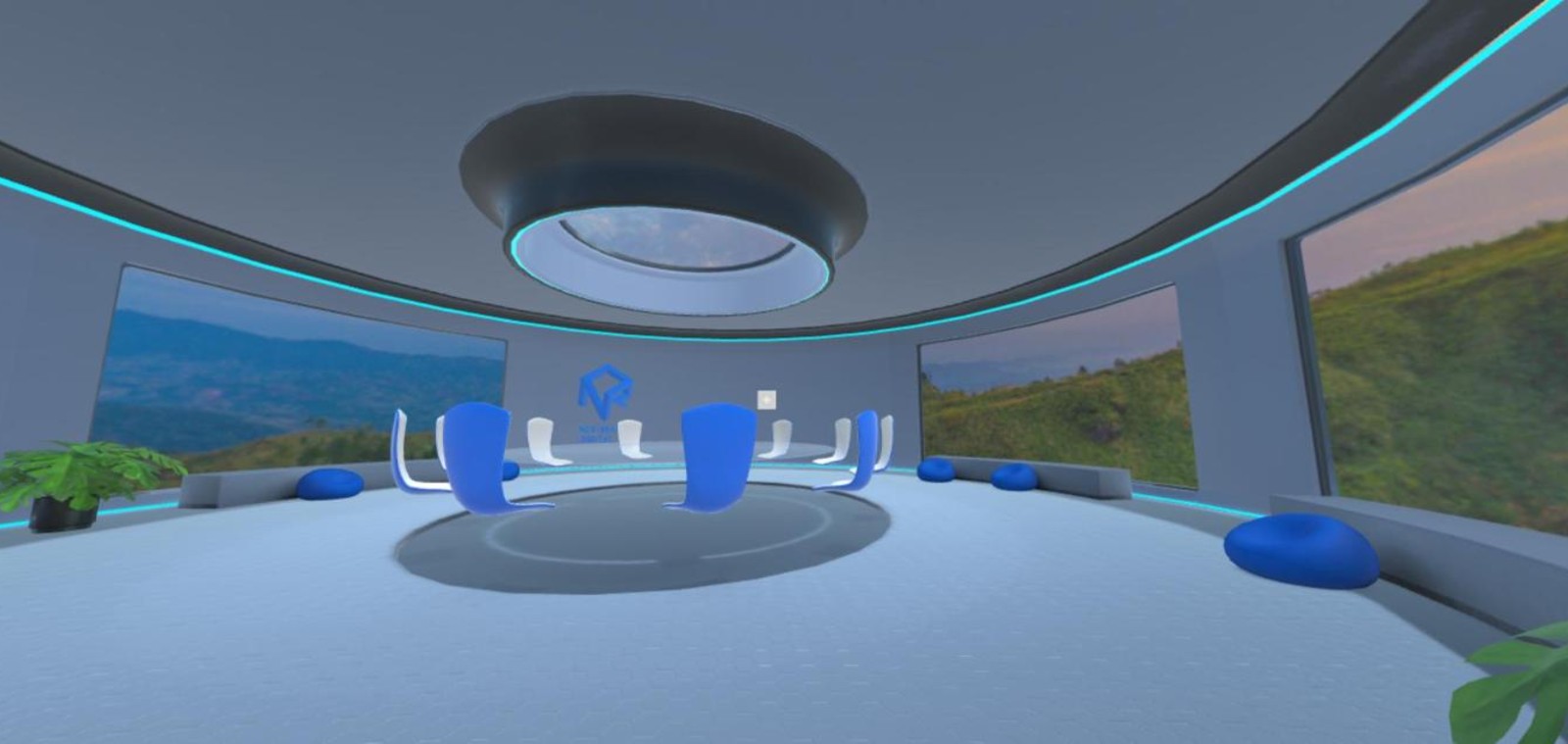 3D virtual event venue with avatars gathered around a stage and sponsor booths