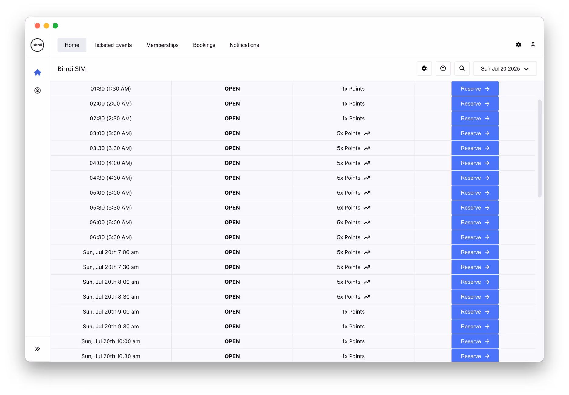 A scheduling interface for a 'Weekly Golf Clinic' event series. The screen displays a list of dates from July 26th to November 29th, 2025, each with the event name and time (mostly 9:00 AM – 11:00 AM). Each row includes a blue 'Book' button on the far right. The top menu includes tabs for Ticketed Events, Memberships, Bookings, and Notifications. A dropdown labeled 'Full Season' is visible in the top right corner.