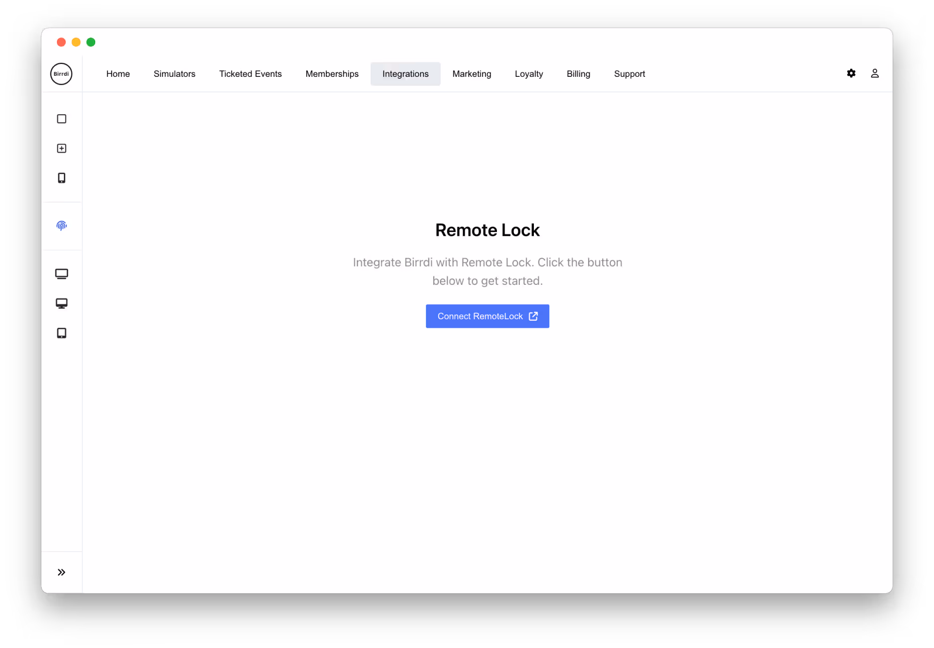 A web interface screen under the 'Integrations' tab displaying a 'Remote Lock' integration prompt. The message reads: 'Integrate Birrdi with Remote Lock. Click the button below to get started.' Below the message is a blue button labeled 'Connect Remote Lock.' The top navigation bar includes links for Home, Simulators, Ticketed Events, Memberships, Marketing, Loyalty, Billing, and Support.