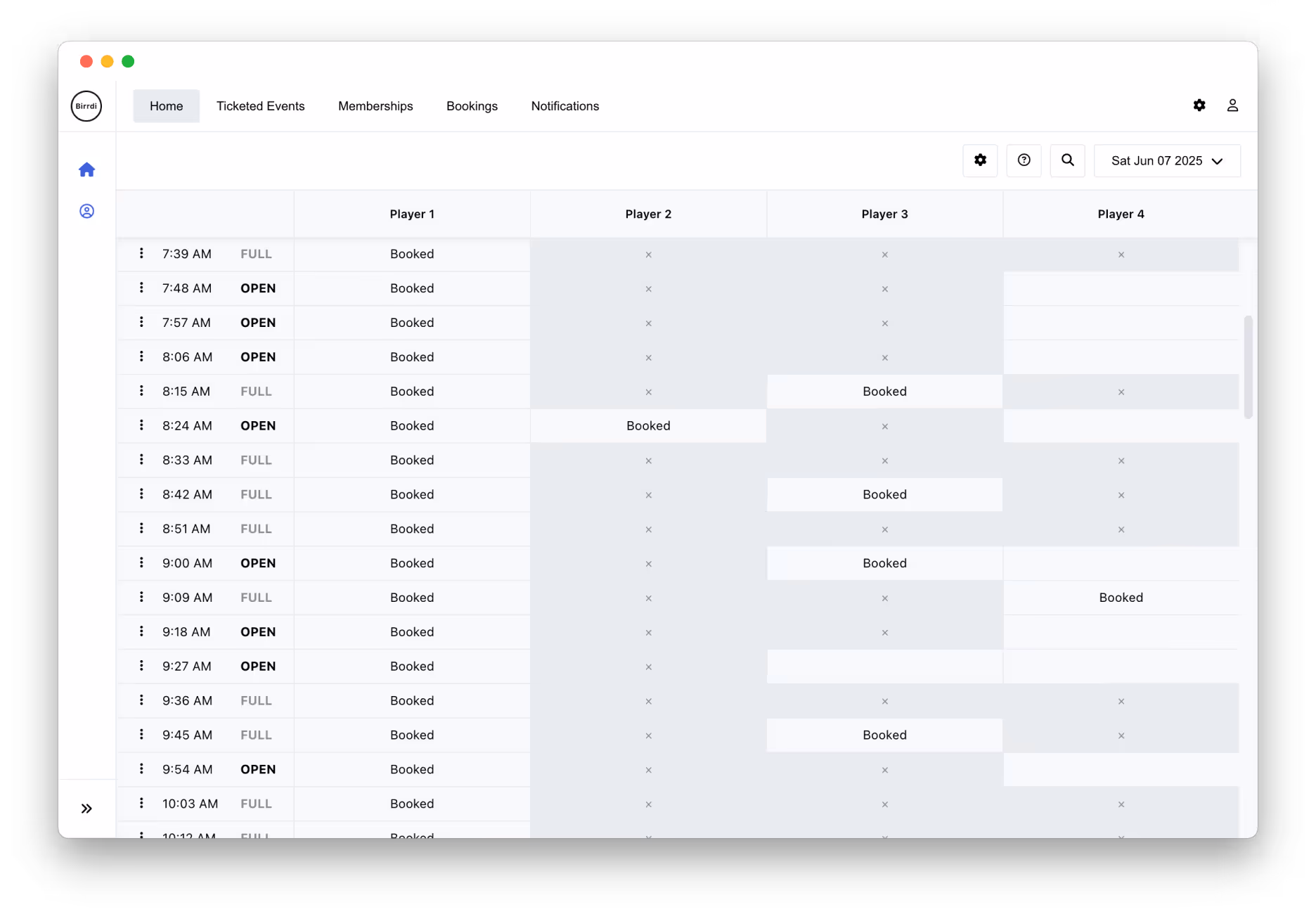 A booking schedule interface showing time slots from 7:30 AM to 10:03 AM with availability status labeled as 'FULL' or 'OPEN.' Four columns for Player 1 to Player 4 display booking statuses, with many slots marked 'Booked' or showing an 'X.' The interface includes a navigation bar with tabs for Home, Ticketed Events, Memberships, Bookings, and Notifications. The date selected is Saturday, June 7, 2025.