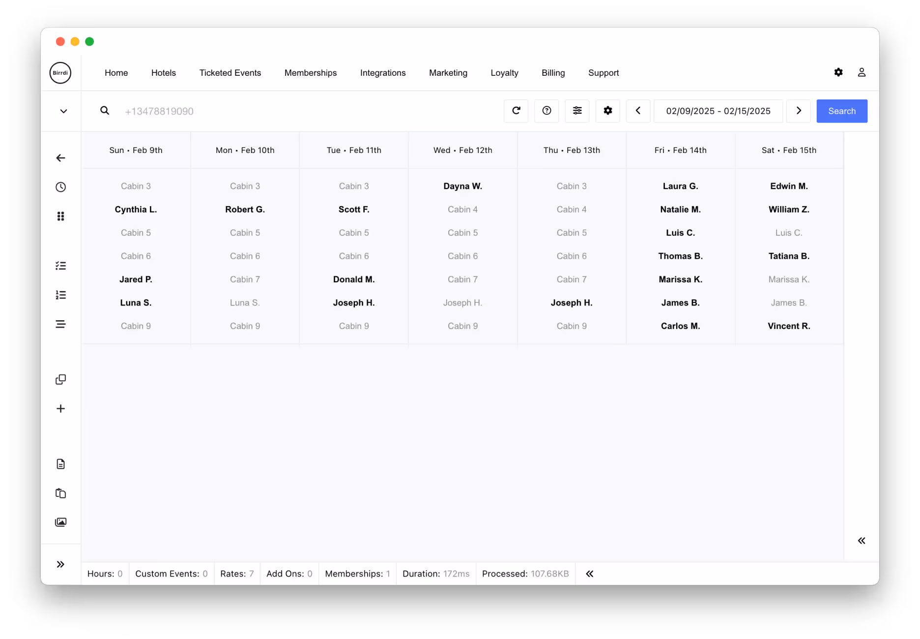 A scheduling interface displaying a week-long calendar from Sunday, February 9 to Saturday, February 15. Each day lists names assigned to cabins numbered 3 to 9. Some names include Cynthia L., Robert G., Donald M., Joseph H., and others. The interface includes navigation menus at the top and left, a search bar with a date range selector set to 02/09/2025 - 02/15/2025, and various icons for filtering and settings.