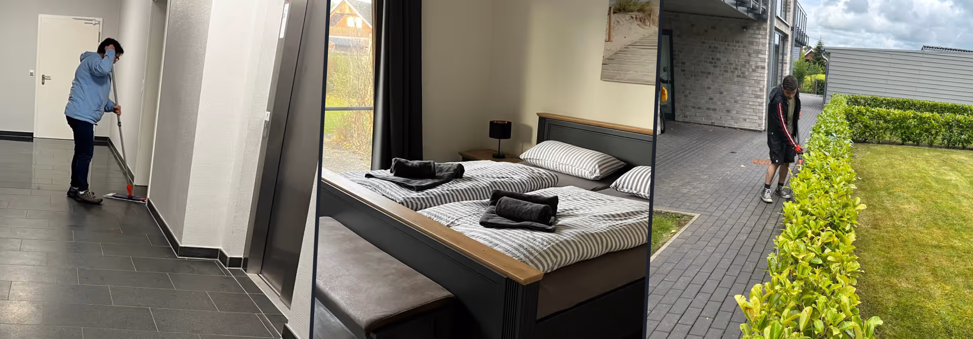 Links eine Person wischt den Boden in einem Flur, mittig ein ordentlich gemachtes Doppelbett in einem Schlafzimmer, rechts eine Person schneidet eine Hecke im Garten.