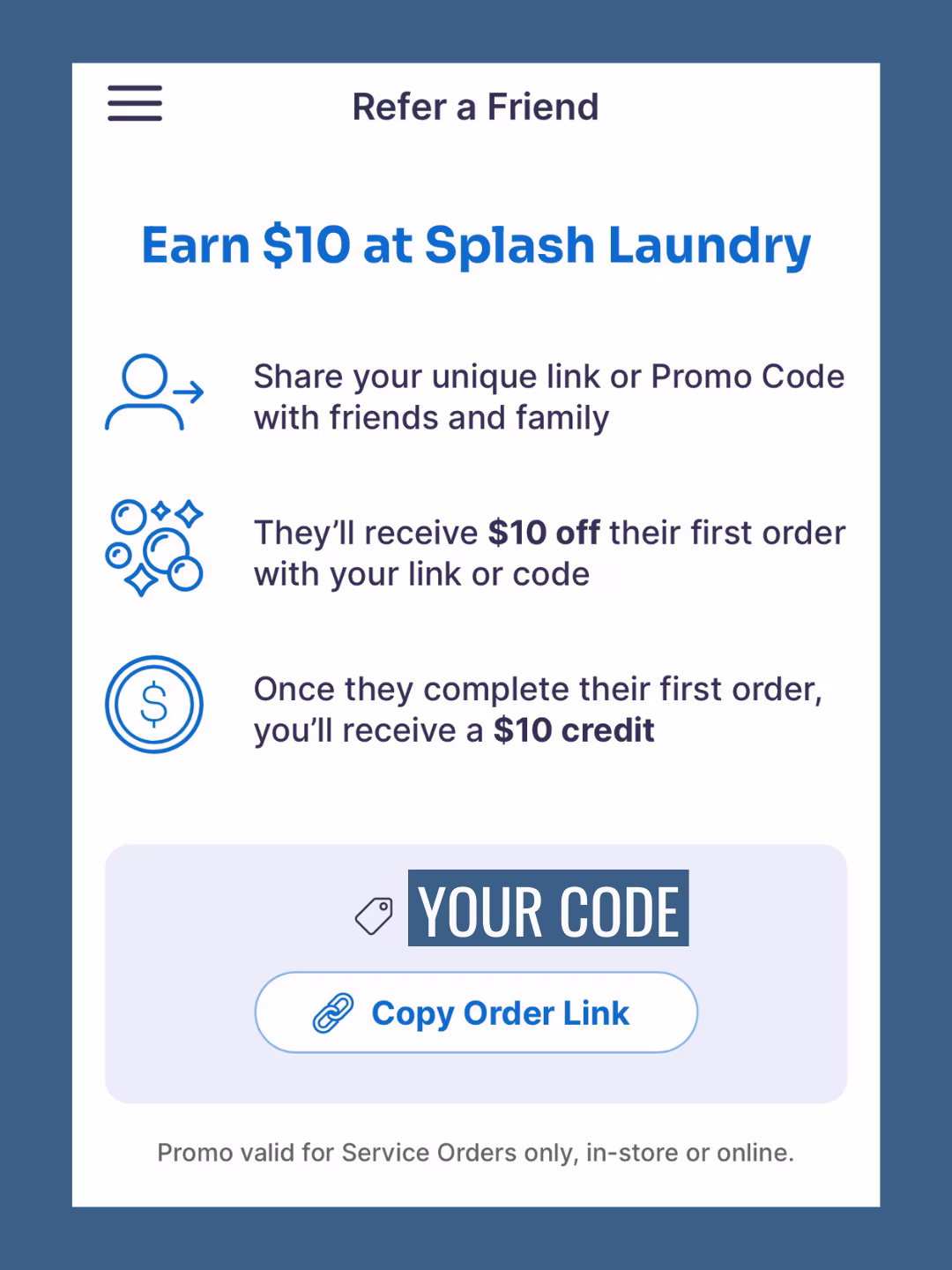 referral program screenshot for splash laundry kansas city. 