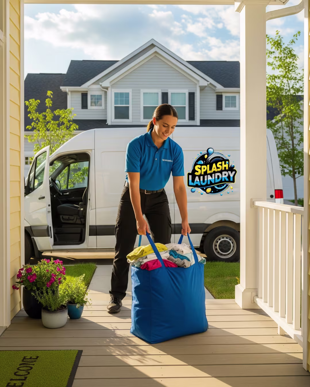 Splash Laundry KC driver picking up laundry bag for convenient pickup and delivery wash and fold service in Kansas City.