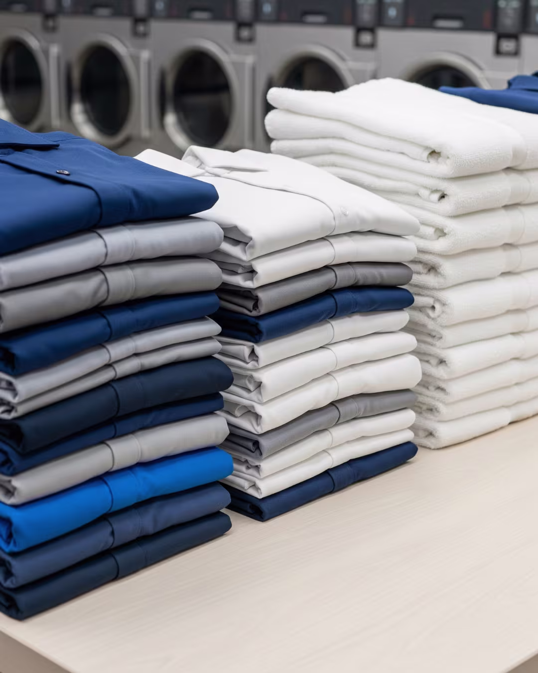 Neatly folded uniforms and linens ready for delivery from Splash Laundry KC commercial laundry service.