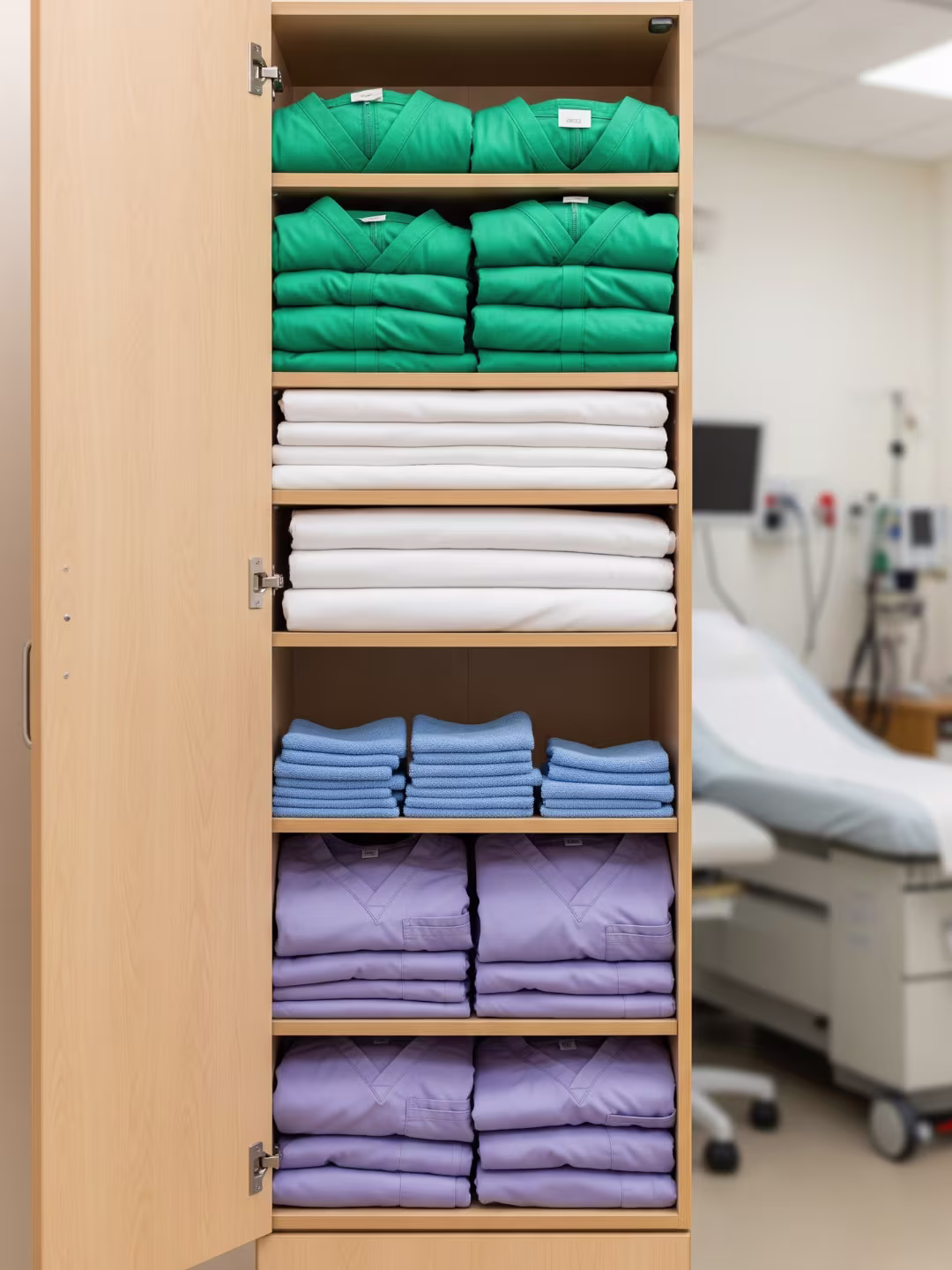 brown-cabinet-with-hospital-linens-scrubs-uniforms-and-medical-bed-in-background