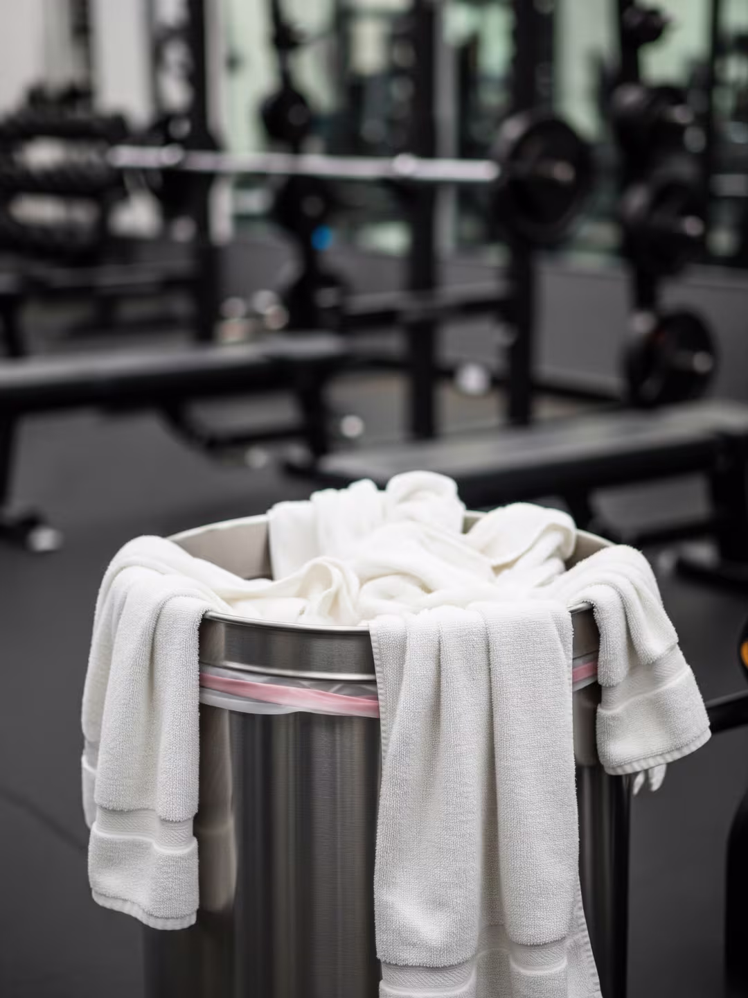 stainless-steel-bin-of-dirty-towels-in-gym