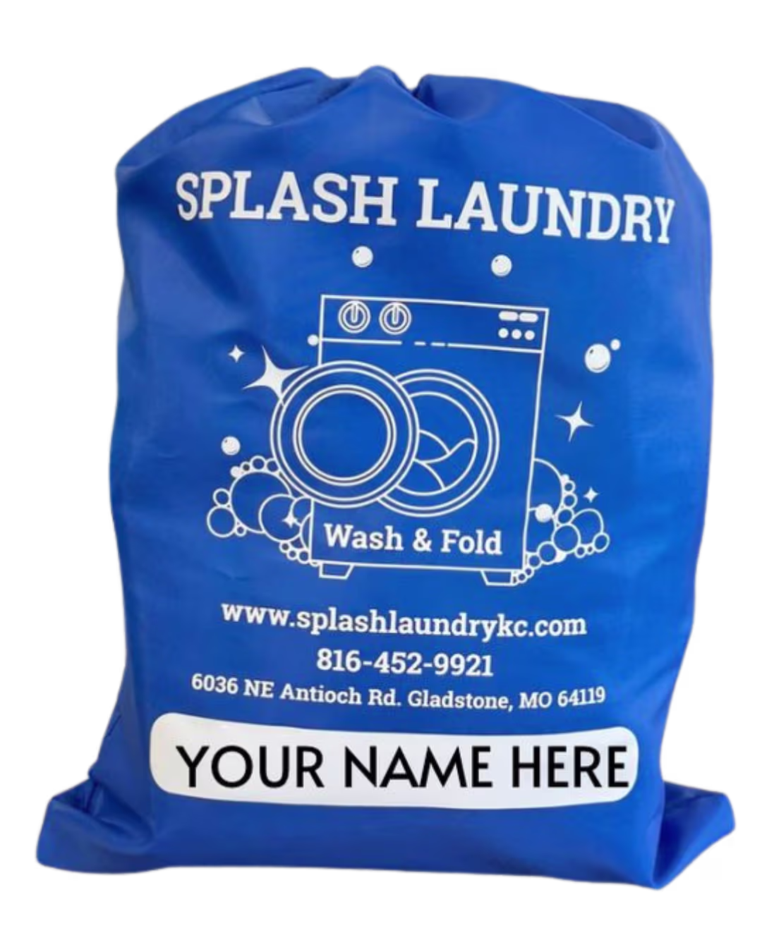 a large blue reusable laundry bag with splash laundry logo, and a space for you to write your name on the bag, where it says "your name here"/ 