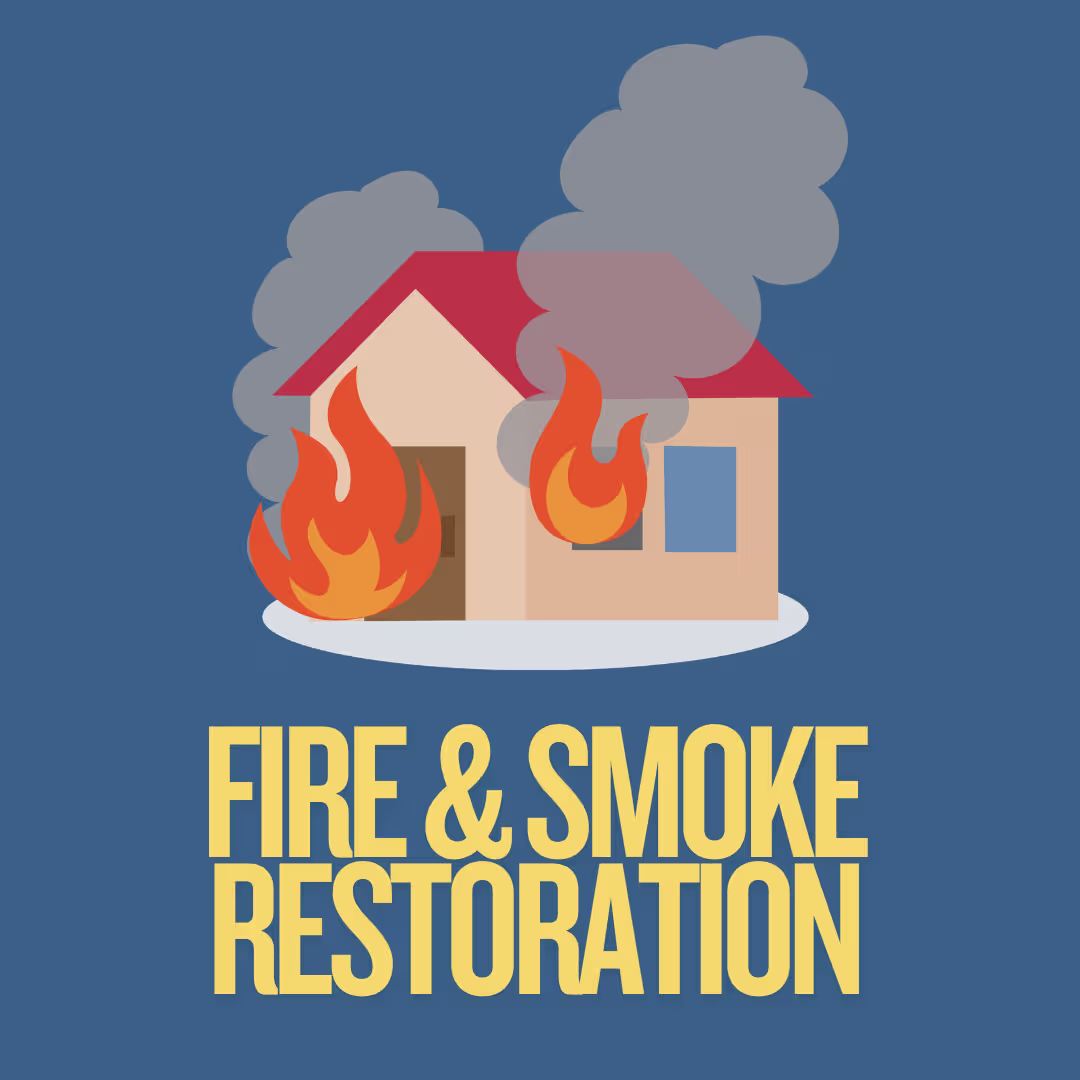 image of house on fire with smoke, and words saying "fire and smoke restoration"