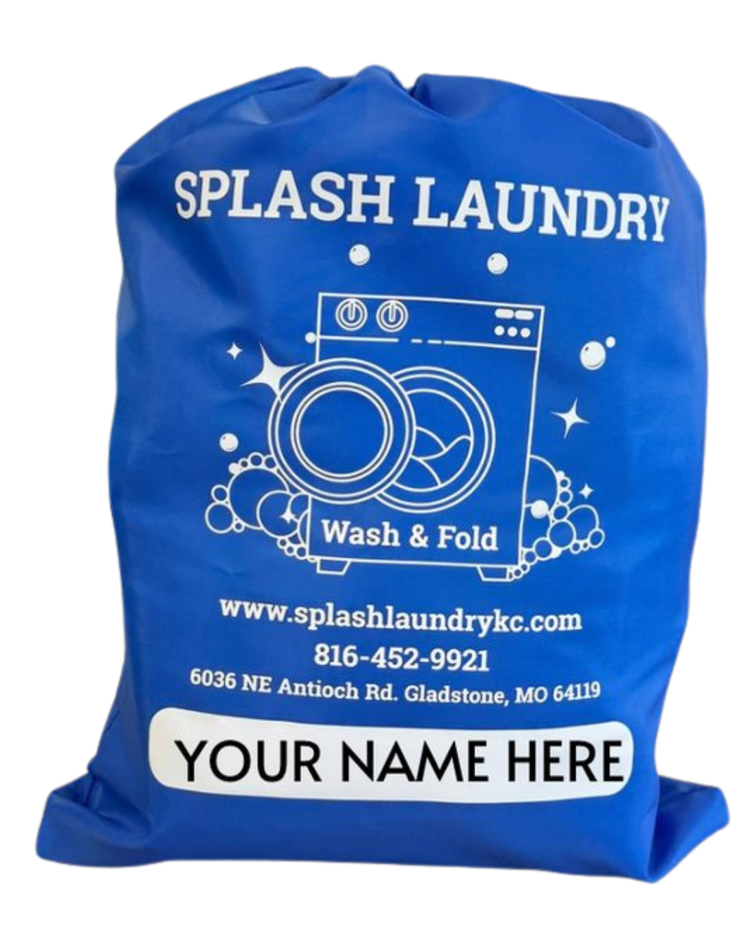a large blue reusable laundry bag with splash laundry logo, and a space for you to write your name on the bag, where it says "your name here"/