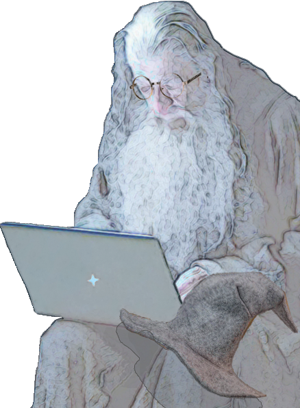 A wizard working with a computer with mountains in the background