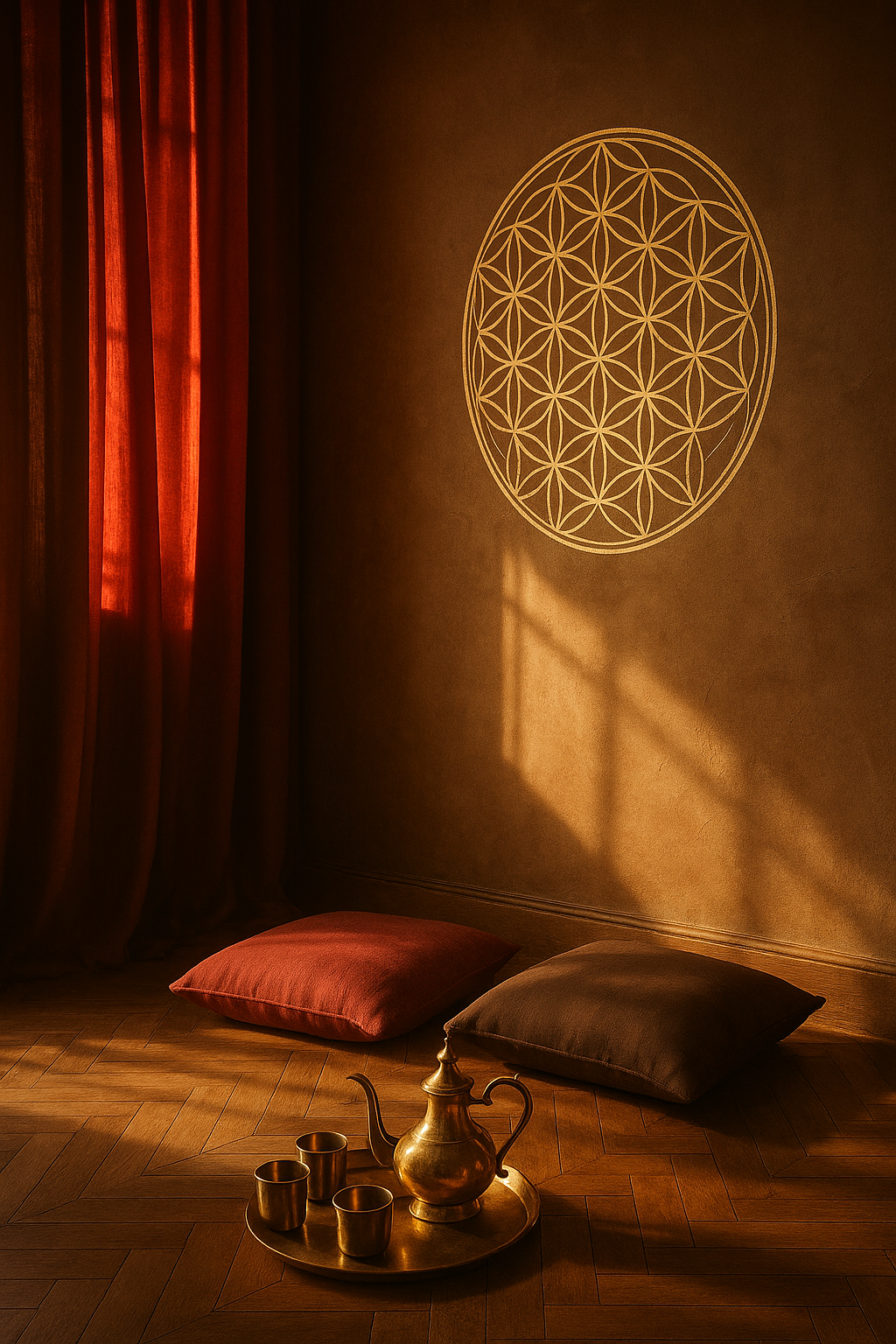 Sacred space for gay men’s tantra retreat with cushions, tea and sacred geometry symbol
