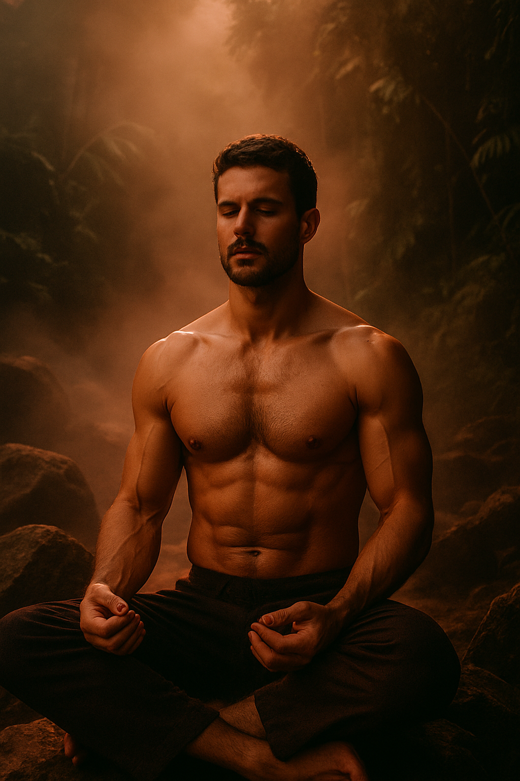 [background image] image of a serene cHandsome gay man sitting in deep tantric meditation, shirtless and grounded in sacred masculine energy