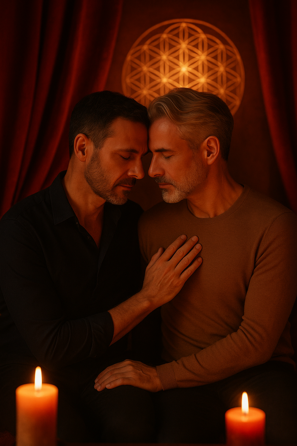Loving gay couple embracing with tenderness and emotional connection during a conscious retreat