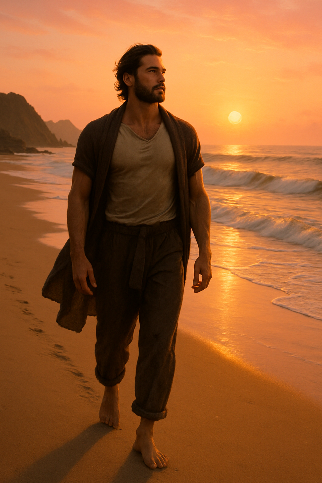 Handsome gay man walking alone on the beach, radiating freedom, confidence, and sacred masculine energy