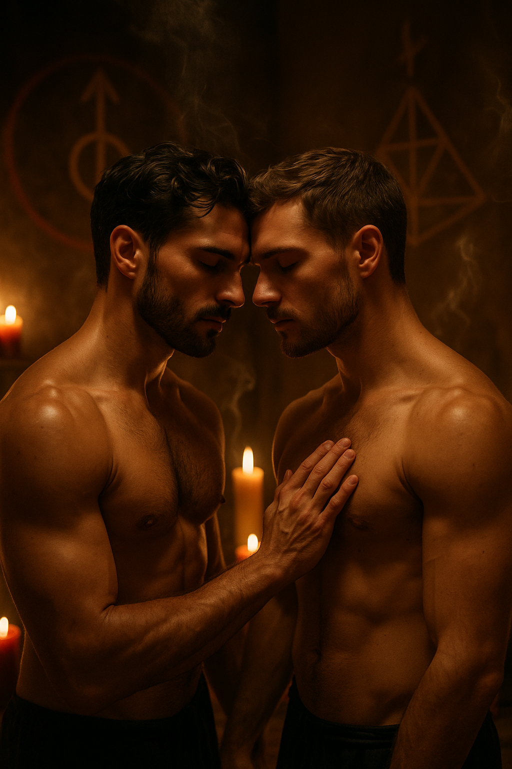 Gay men connecting through heart-centered tantric touch, bare-chested and grounded in masculine intimacy. Gay tantra ritual