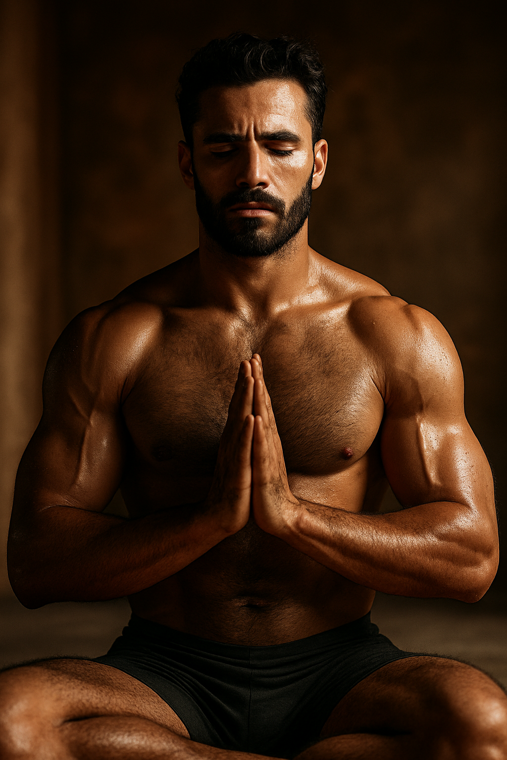 Powerful muscular man in deep tantric meditation, bare-chested and sweating, radiating strength and masculine energy – Ignis Magnus.